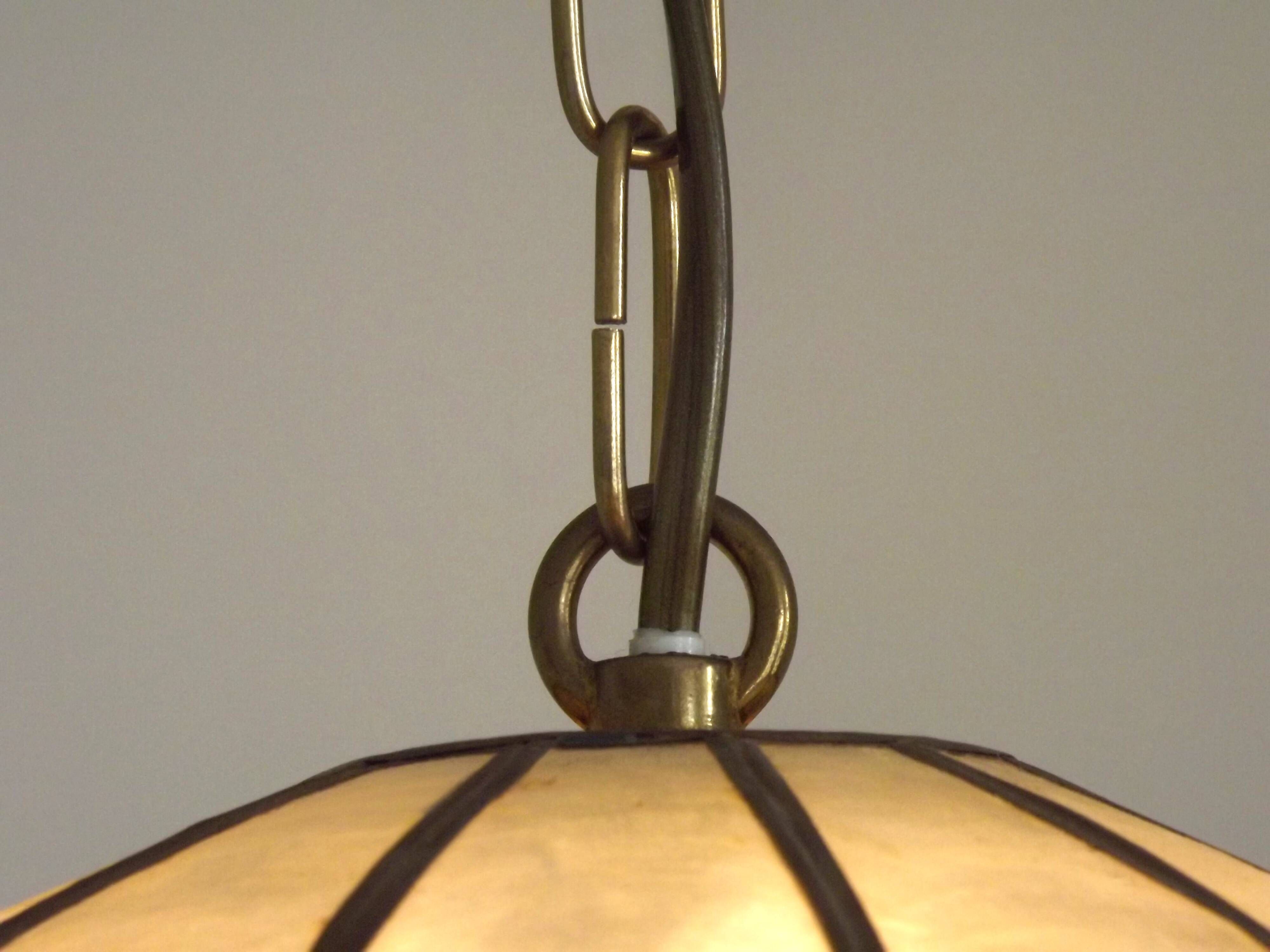 French Vintage Capiz Shell Hanging Pendant Light in Brown & White Gold Trim