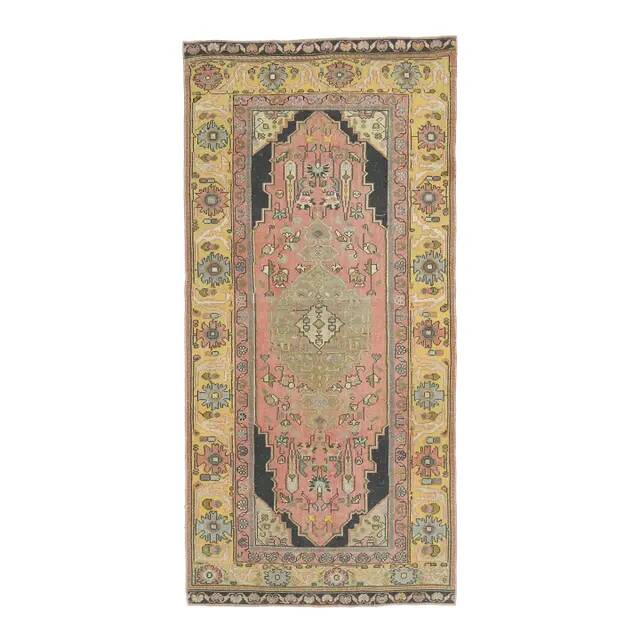 1970s Turkish Oushak Handmade Wool Cotton Pink Area Rug 108x225
