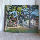 Oil on canvas, houses in a park