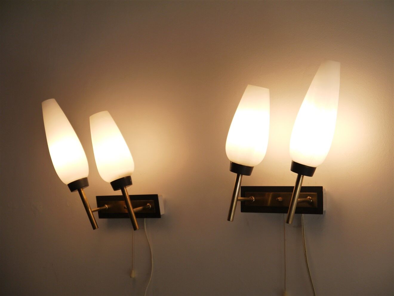 Pair of vintage brass metal and opaline wall lamps 1960