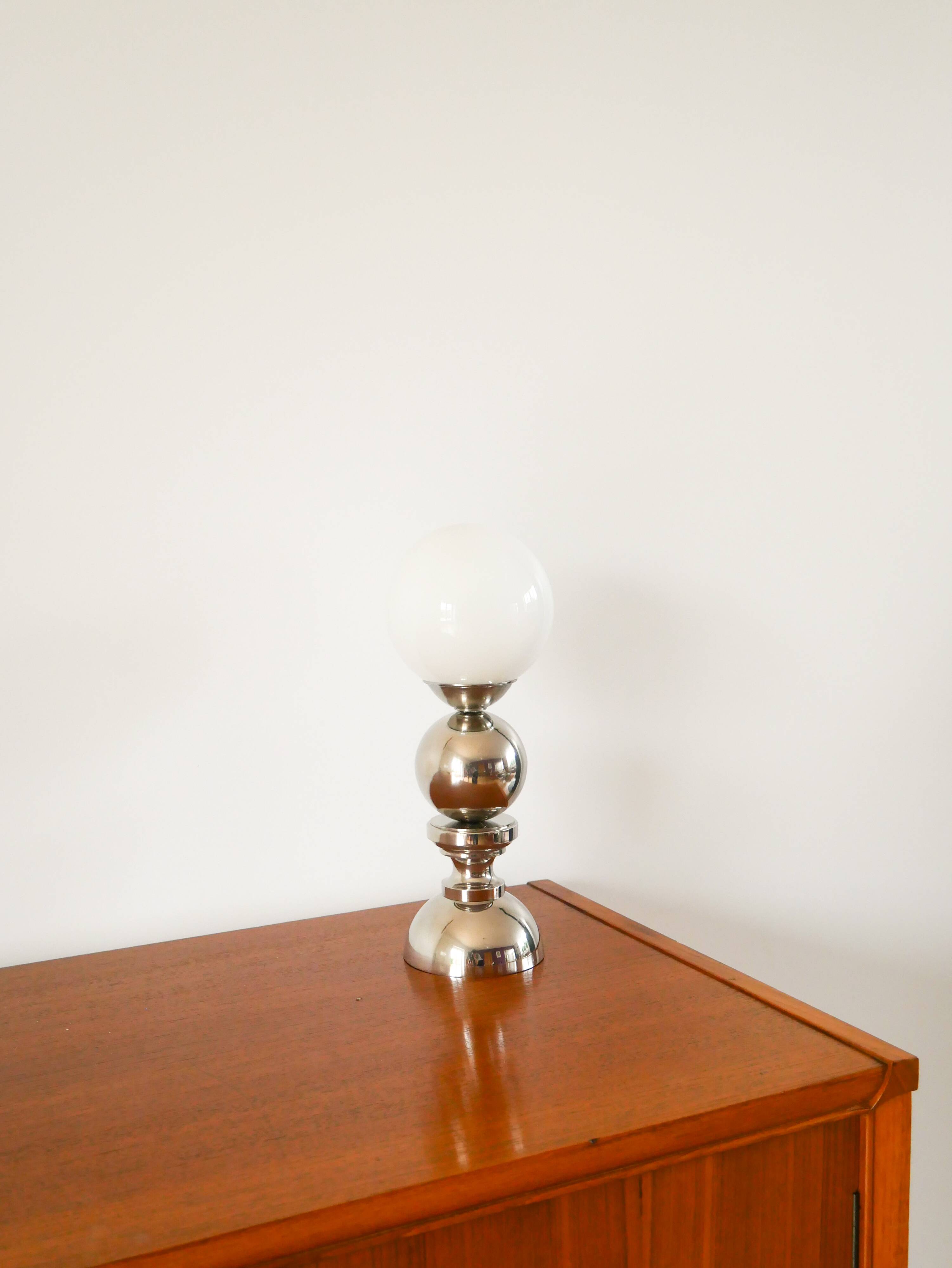 Chromed metal lamp and opaline globe, Space Age Design, 1970