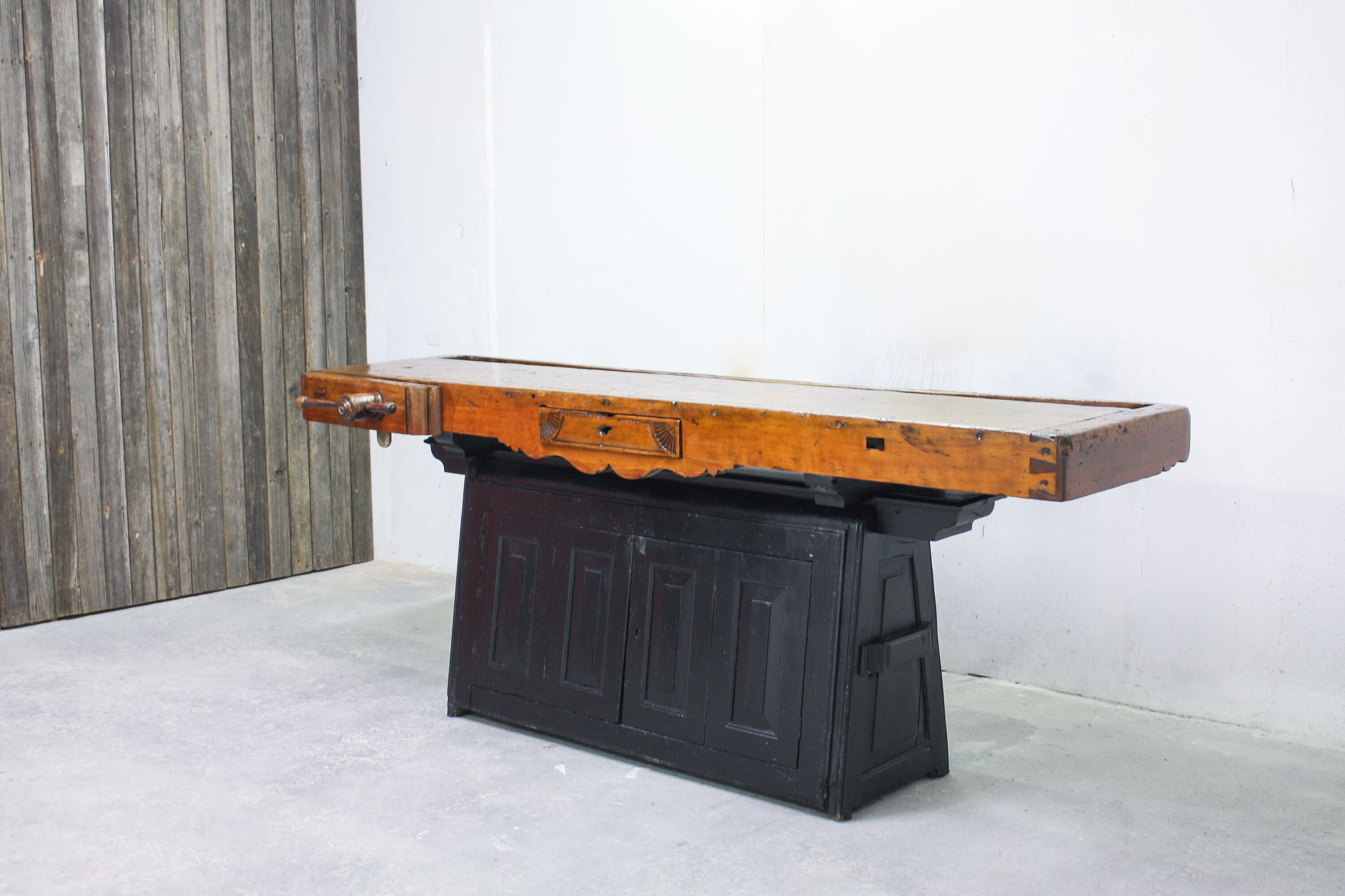 Vintage Portuguese Carpenter's Workbench in wood and black, 1950s