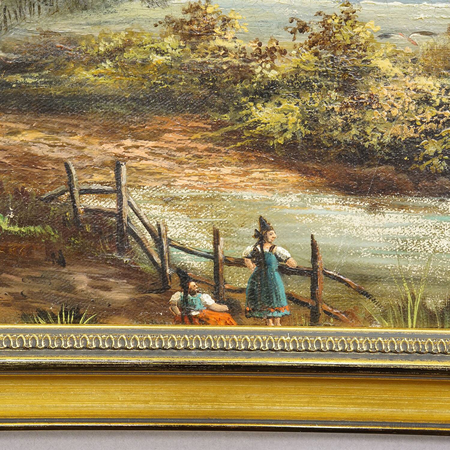 19th-century Biedermeier landscape painting with a lake and trees.