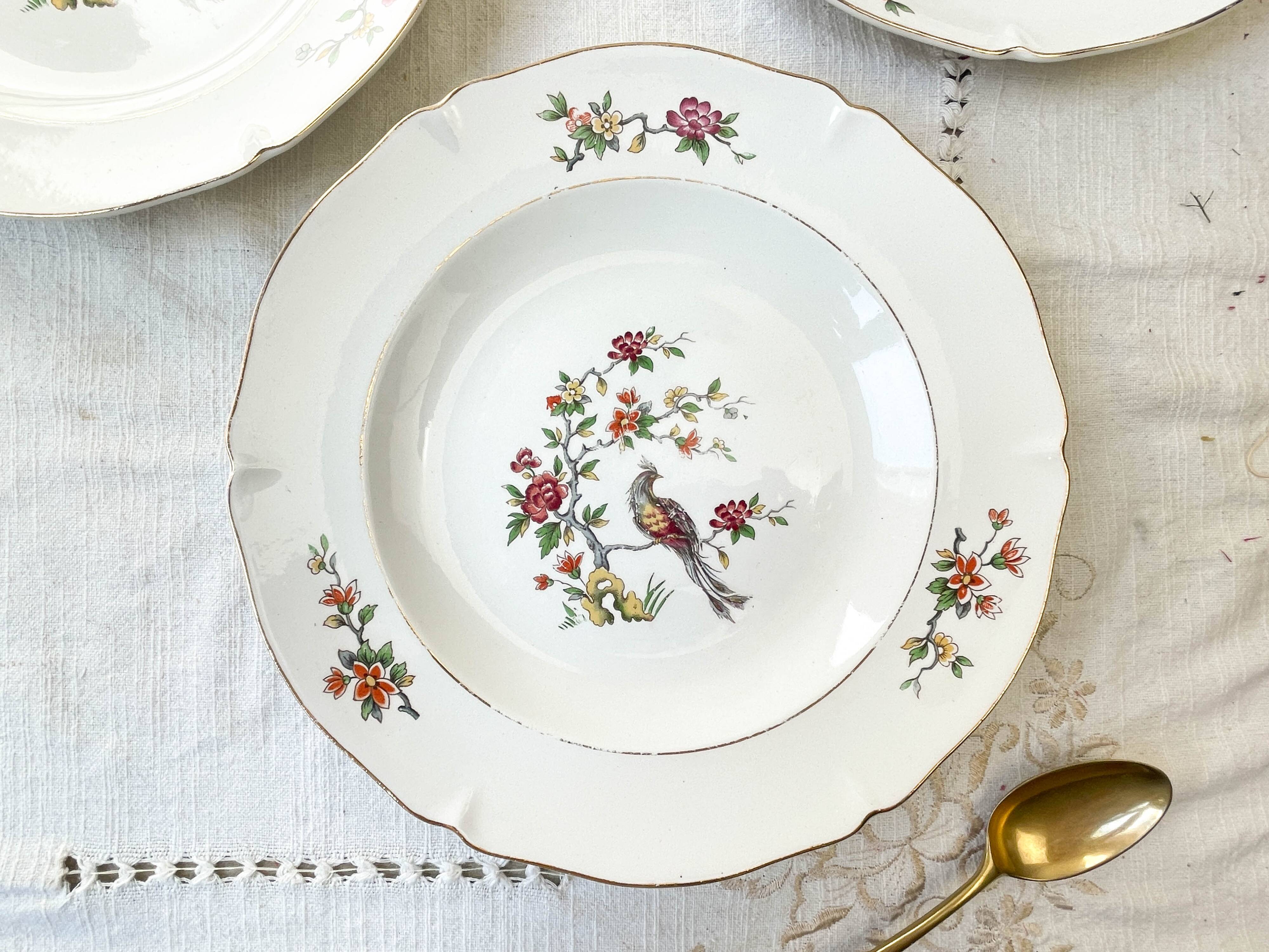 7 assiettes creuses en porcelaine française céranord modèle "regence" motif oiseau de paradis