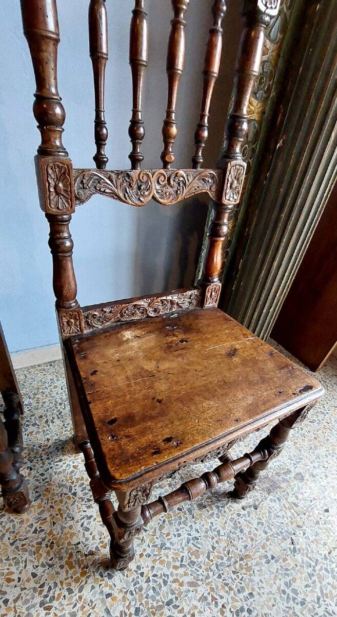 Rare pair of carved chairs, Italian manufacture from the 17th century