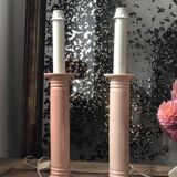 Pair of vintage salmon pink candlestick shaped ceramic lamp bases