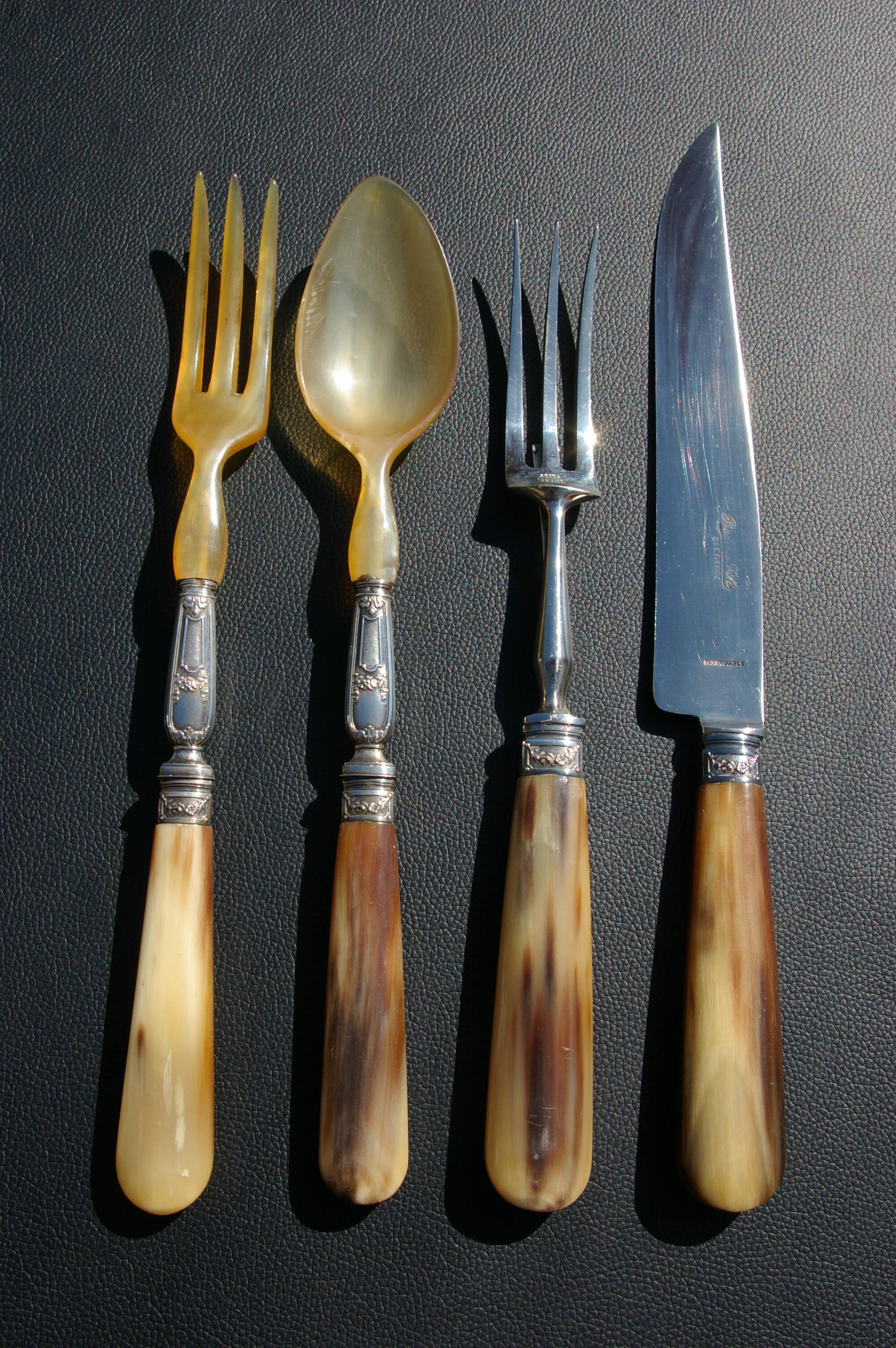 Carving Set + Salad Server Horn and Stainless Steel