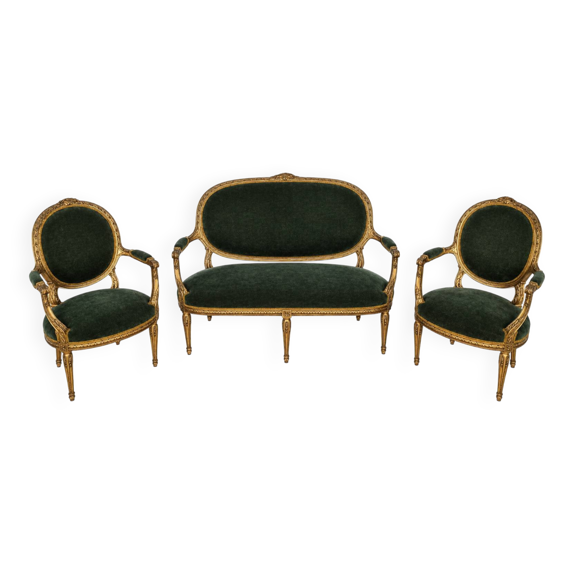 Antique Louis XVI style salon in gilded wood, with medallion backs.
