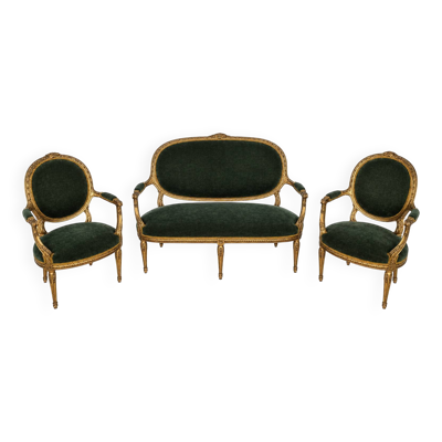 Salon ancien style Louis XVI en bois doré , dossiers médaillons