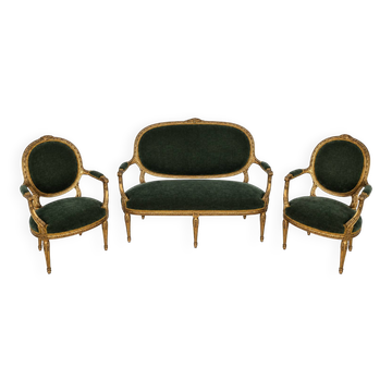 Salon ancien style Louis XVI en bois doré , dossiers médaillons
