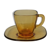 Tasse à café & sous-tasse en verre ambre Vereco - Made in France