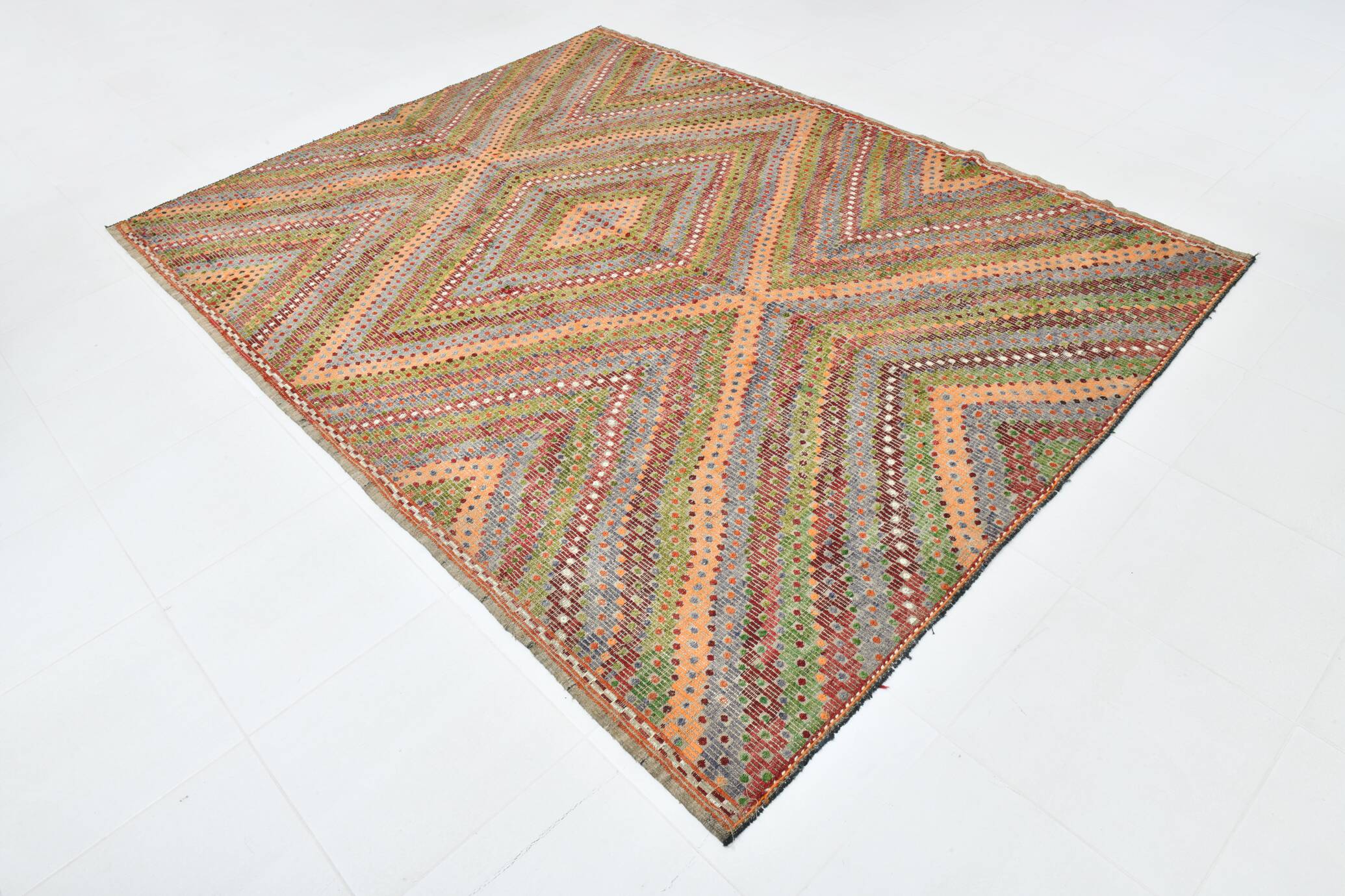 Tapis Kilim vintage vert et orange 7x9, 203x263 cm