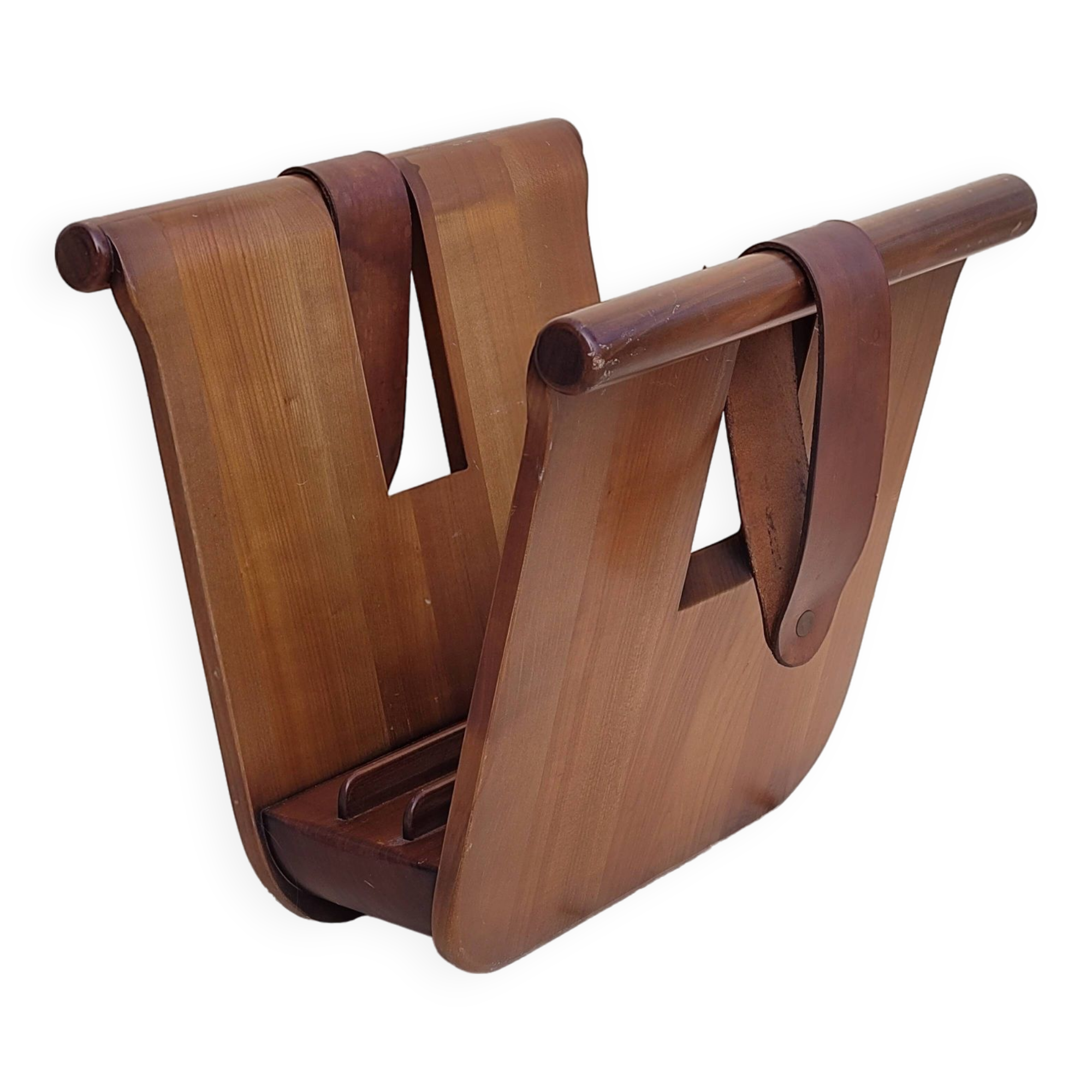 Magazine holder or vinyl in wood and leather vintage design 1960/70