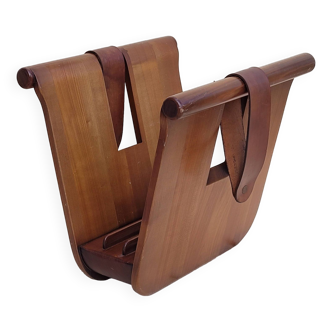 Magazine holder or vinyl in wood and leather vintage design 1960/70