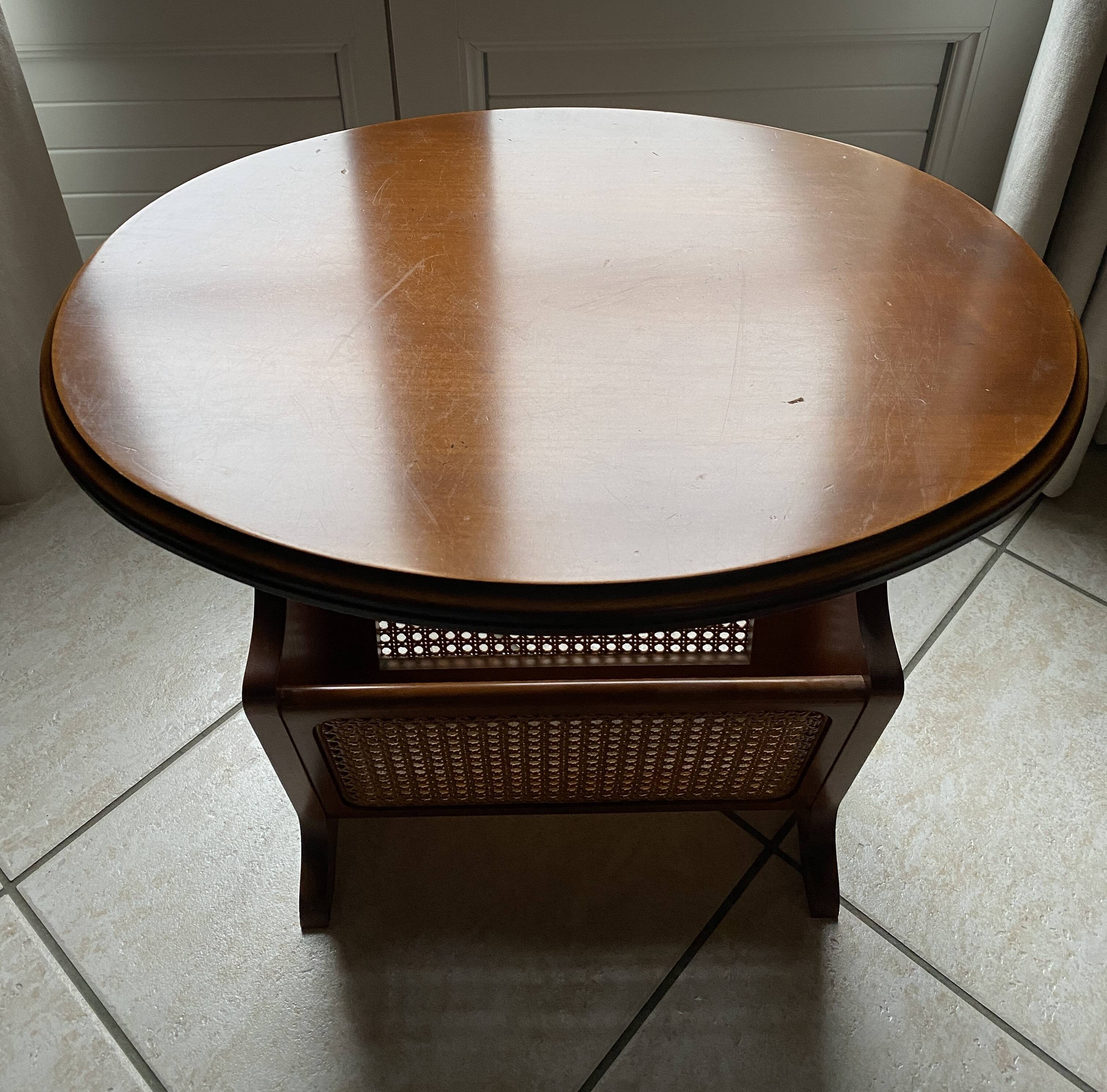 Wooden and cane magazine rack with tray on top, very good condition