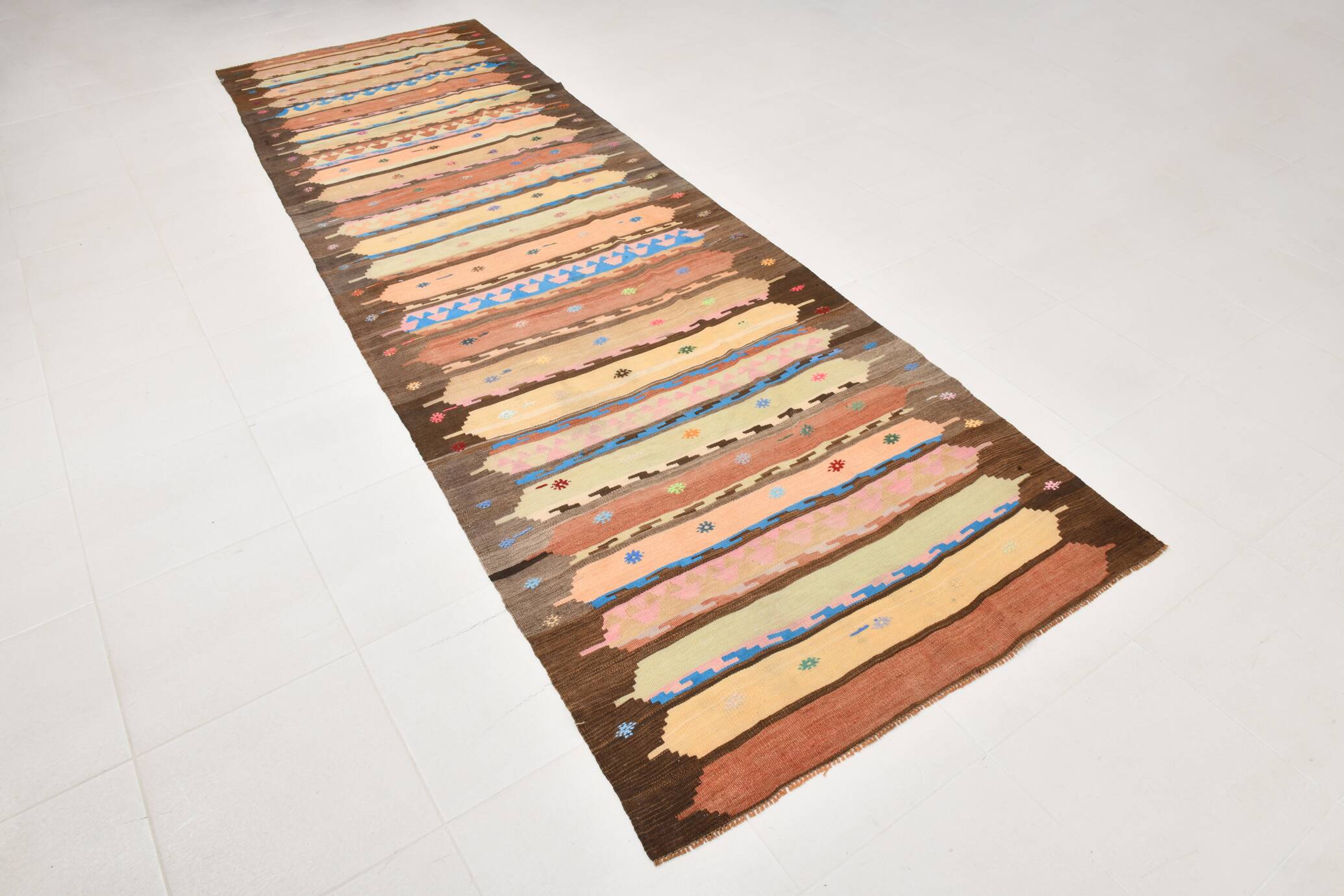 4x13 Beige & Orange Kilim Runner Rug, Wool Runner Rug, Stair Rug, 121x395Cm
