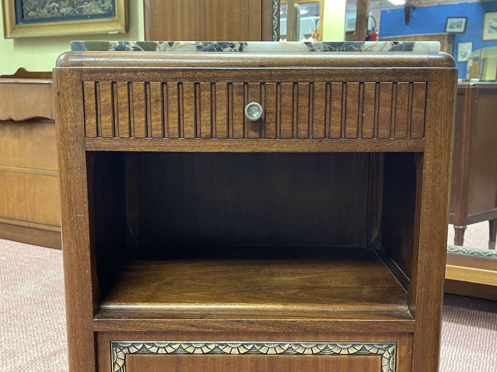 Art deco bedside table in mahogany and marble top