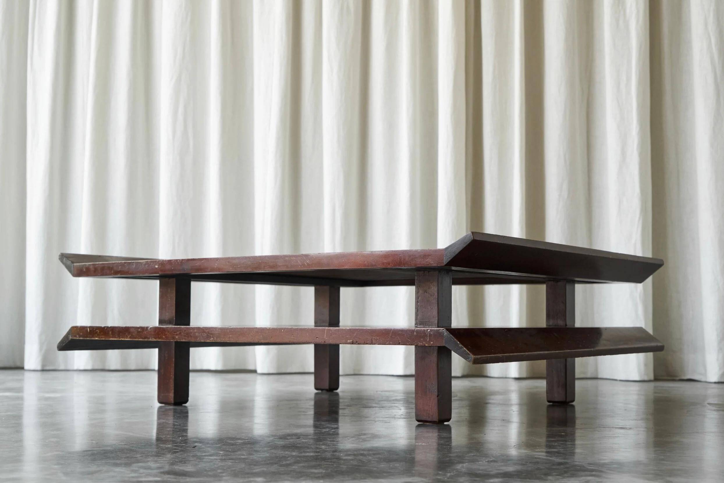 Two-level pagoda coffee table in Wabi-Sabi style, wood and bamboo from the 1970s.