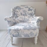 Fauteuil crapaud toile de Jouy bleu