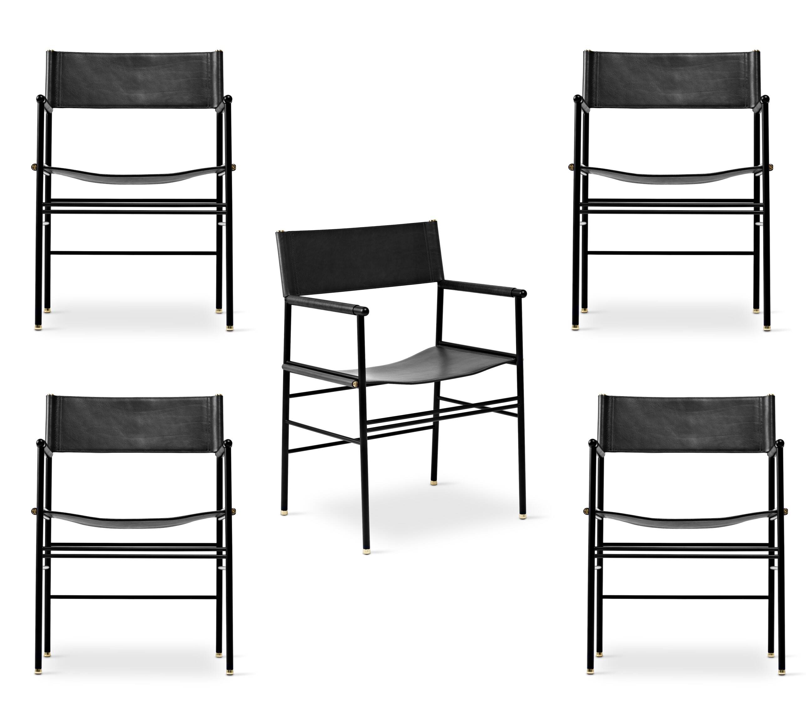 Set of 5 classic bar stools with black leather and rubber backing.