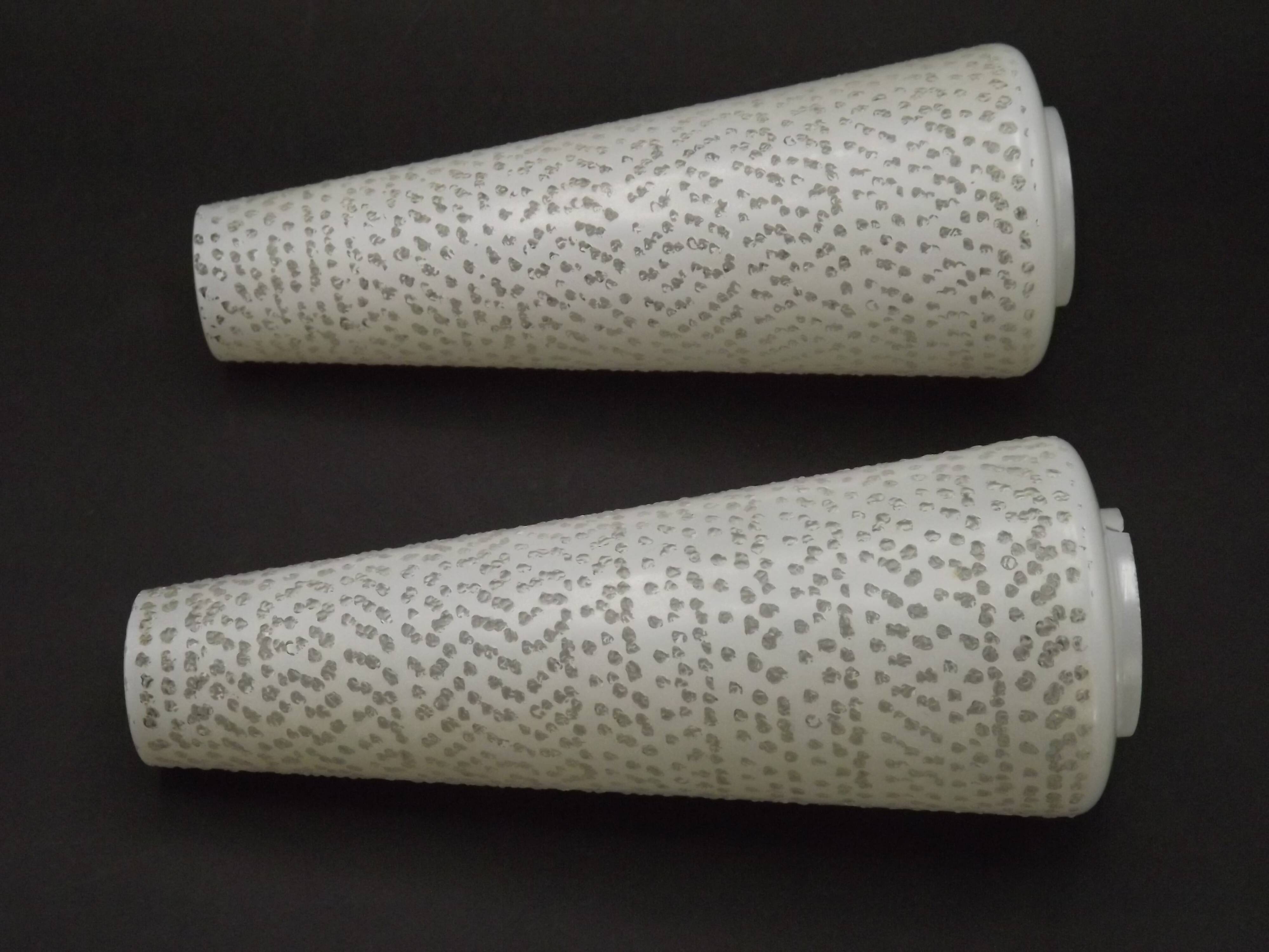 Pair of French vintage retro white opaque patterned glass replacement shades.