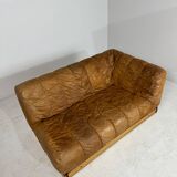 Mid-century cognac leather lounge sofa in oak