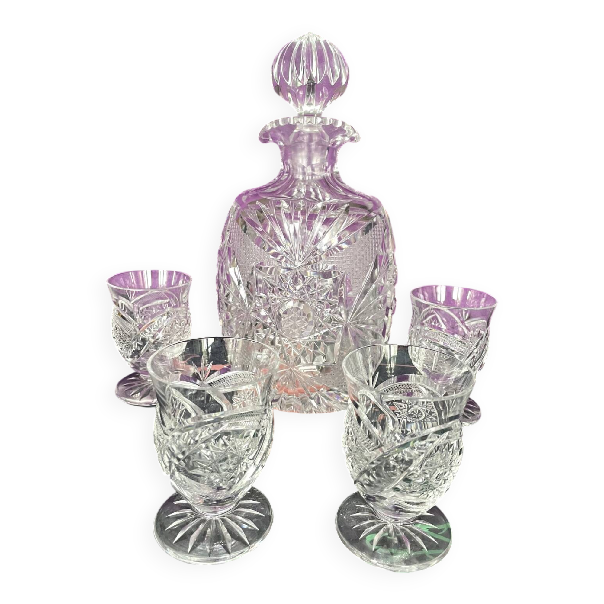Bohemian crystal decanter and 4 glasses