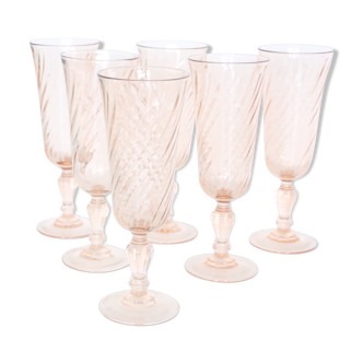 Pink glass flutes Rosaline, Arcoroc, lot of 6