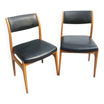 Paire de chaises scandinaves vintage en teck et skaï noir