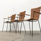 Mid-century metal and rattan dining chairs, set of 3.