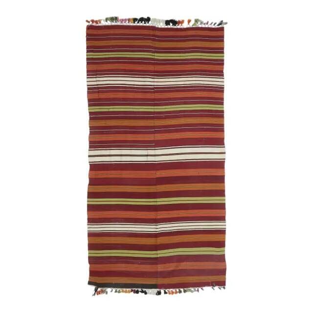 1970s Turkish Hand-Knotted Wool Kilim Flatweave Striped Rug 134x252