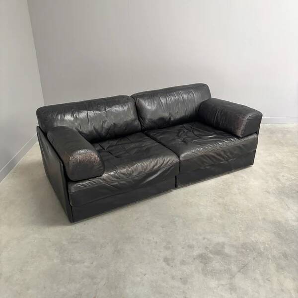 Vintage black leather sofa / daybed, 1970s