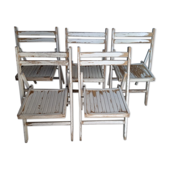 5 foldable chairs wood vintage epoch 1970