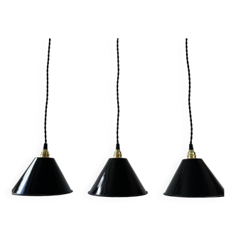 Lot 3 old conical black industrial pendants