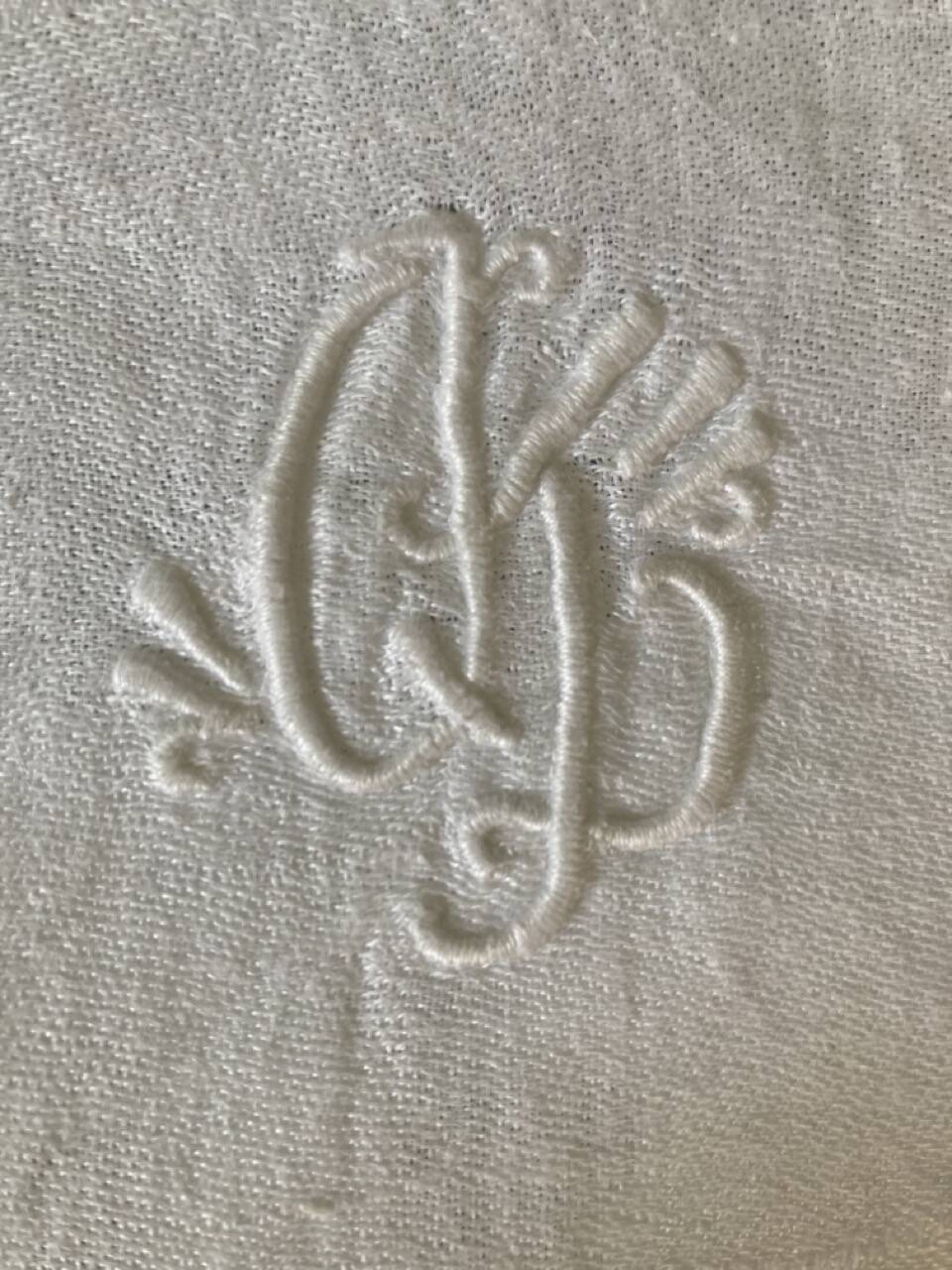 Serviettes monogramme lin damassé bordure ajouré linge ancien