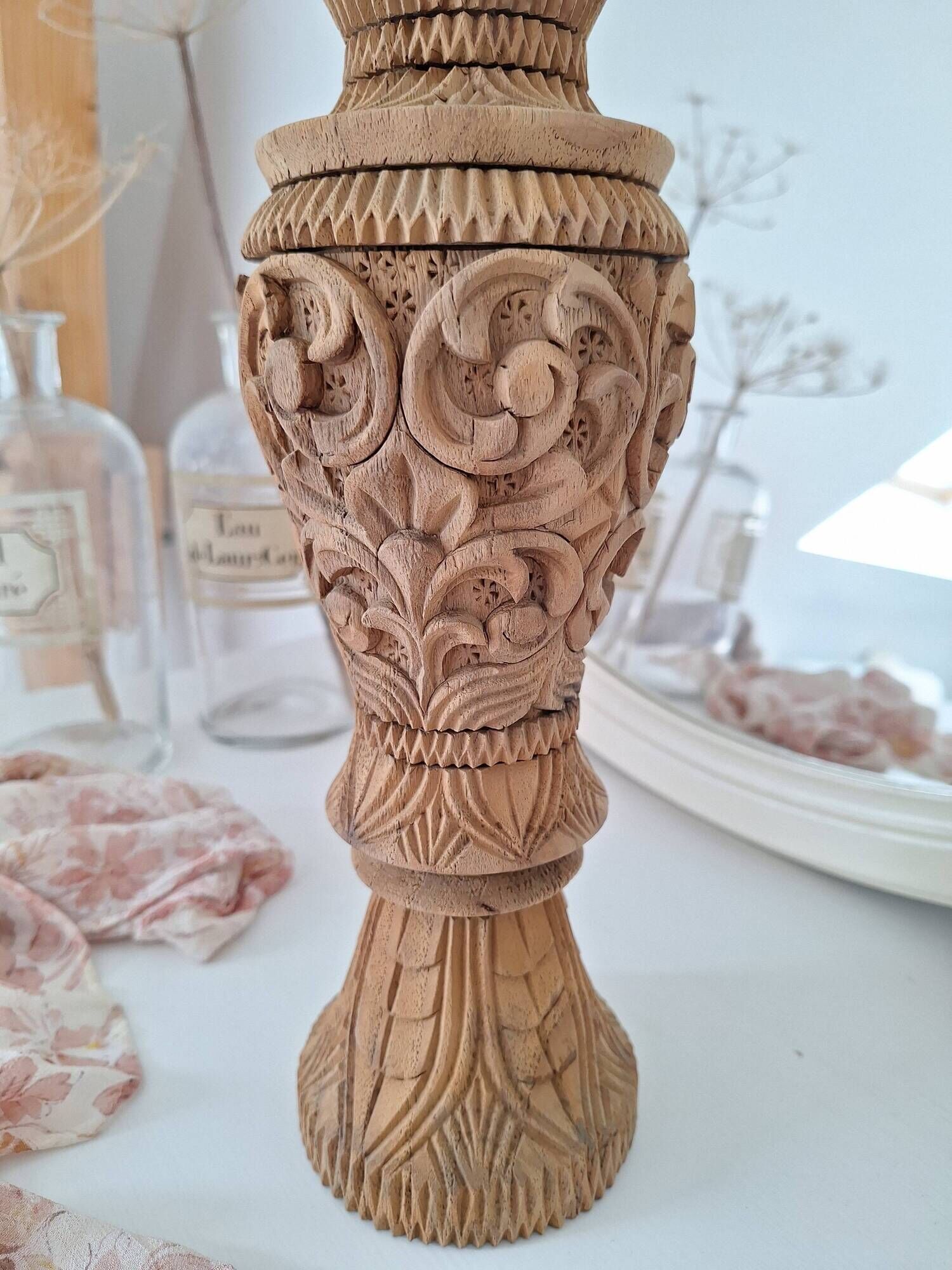 Carved solid wood vase