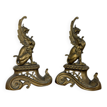 Pair of Antique Art Nouveau Brass Griffin Andirons