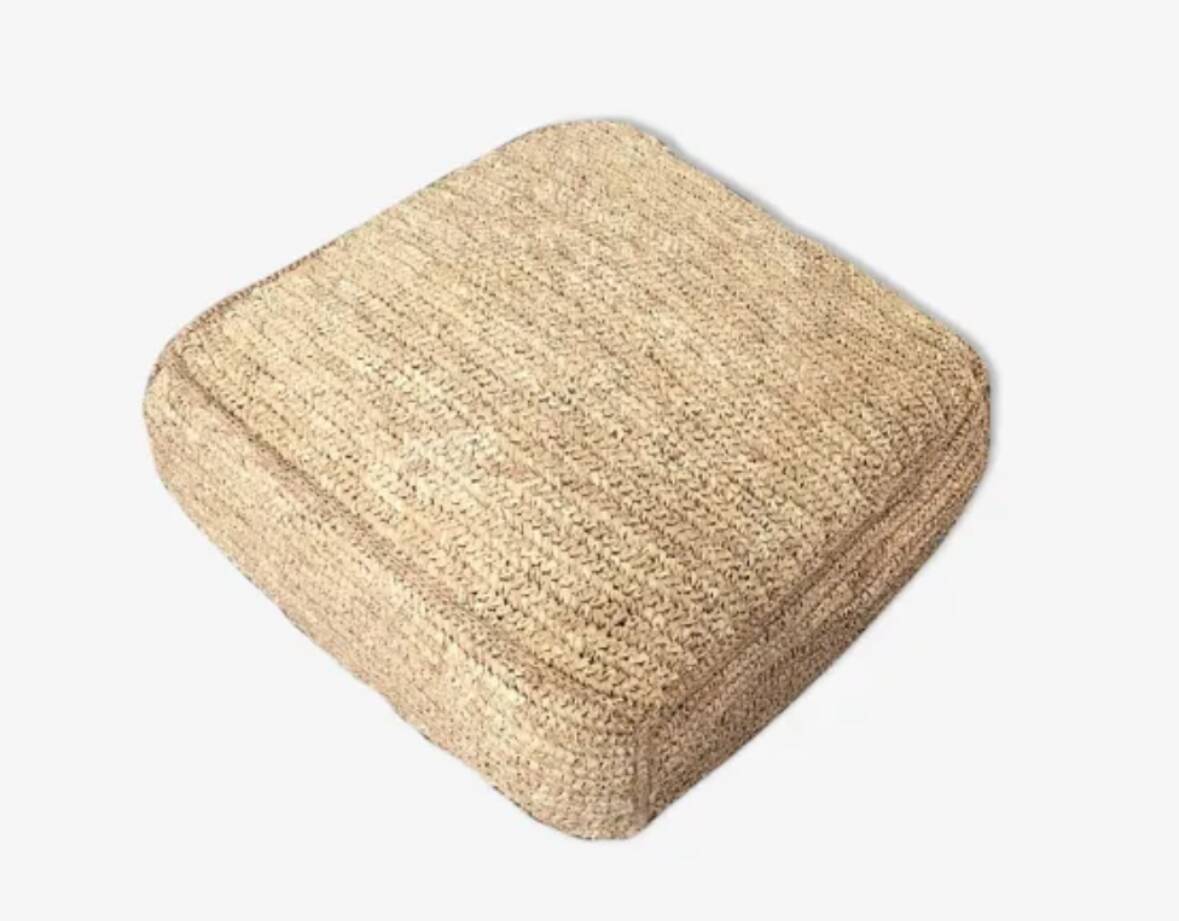 Square floor cushion pouf in natural bohemian jute raffia