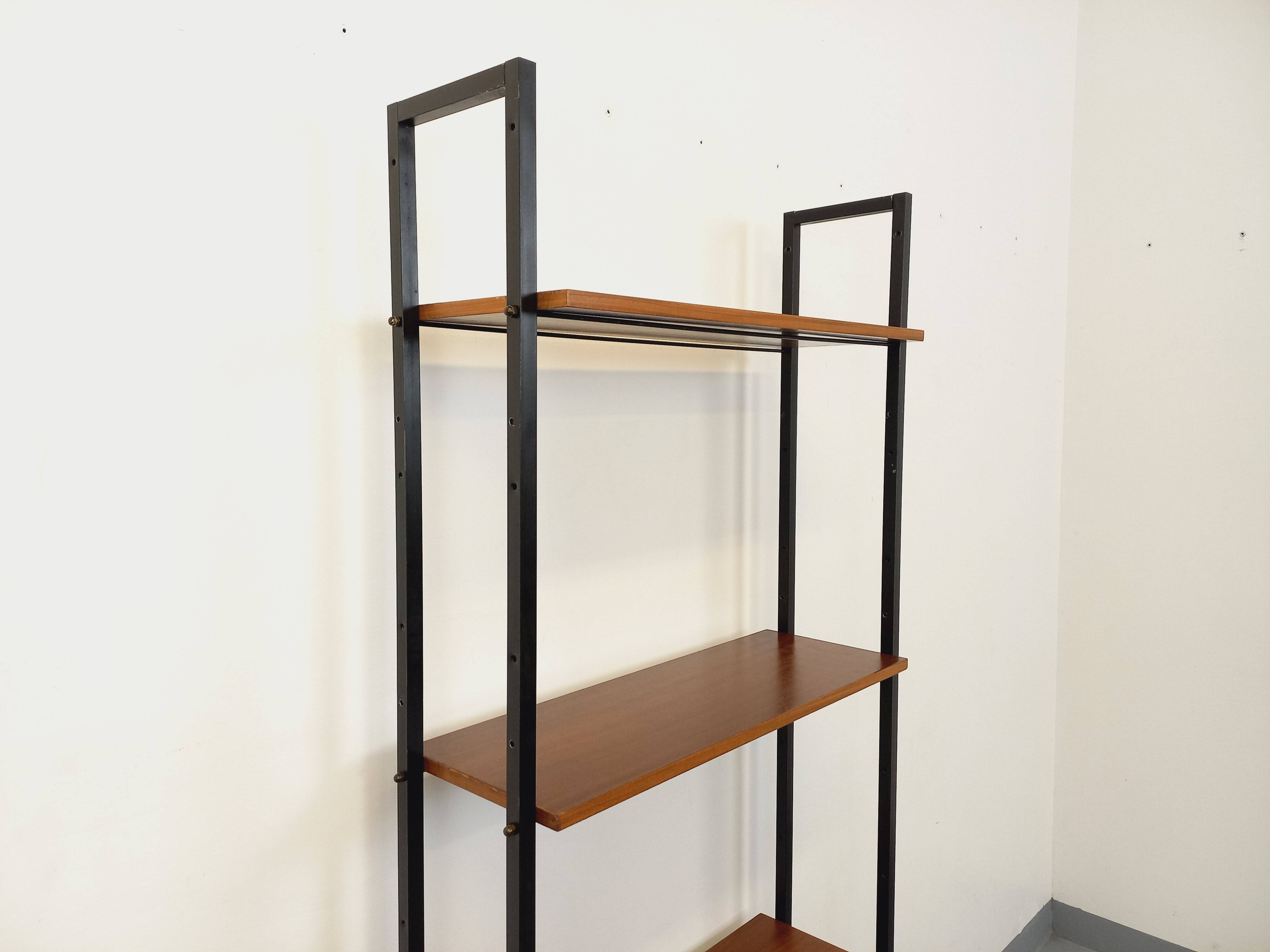 Vintage Italian modular teak and metal bookcase