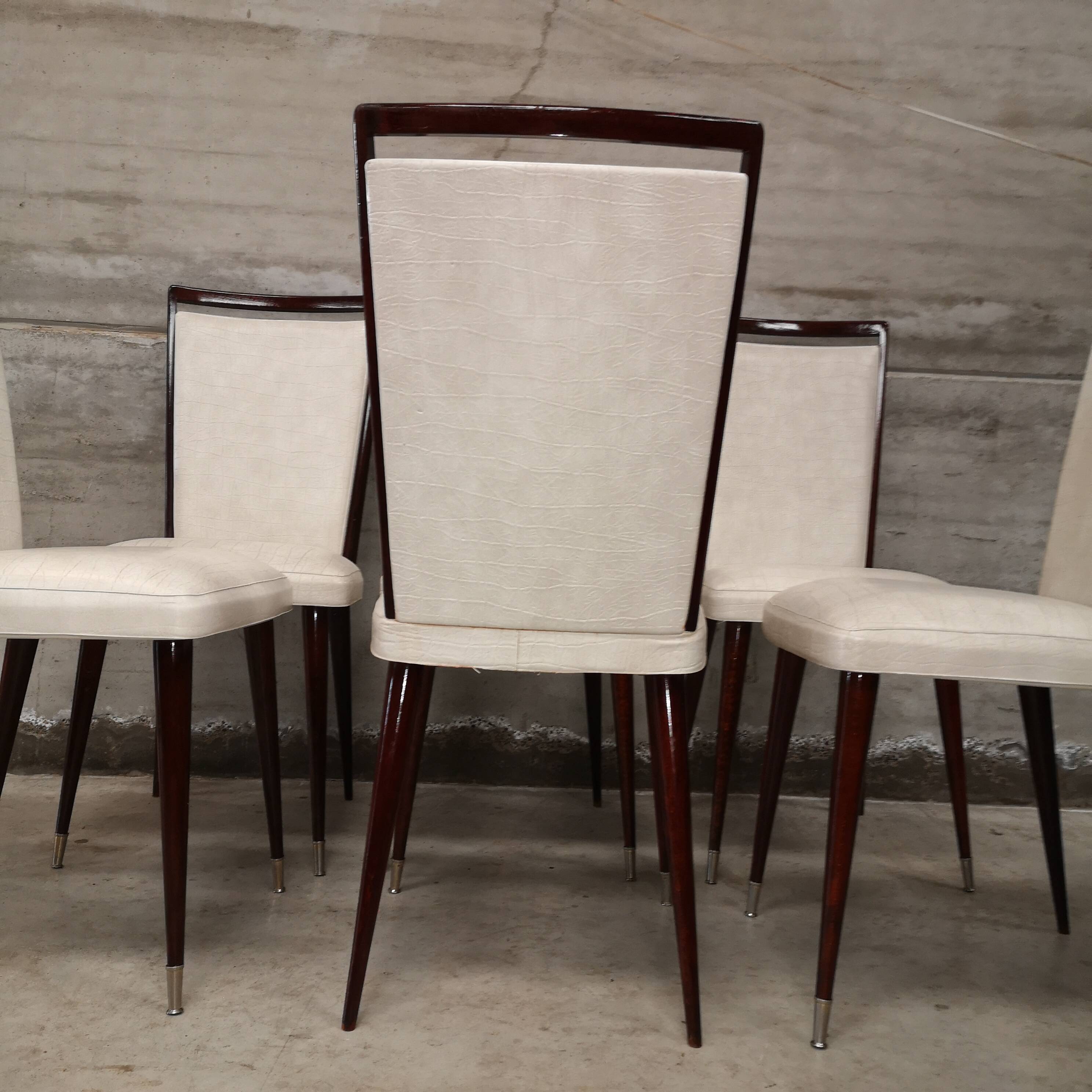 6 white leatherette and mahogany art deco style chairs, 1950