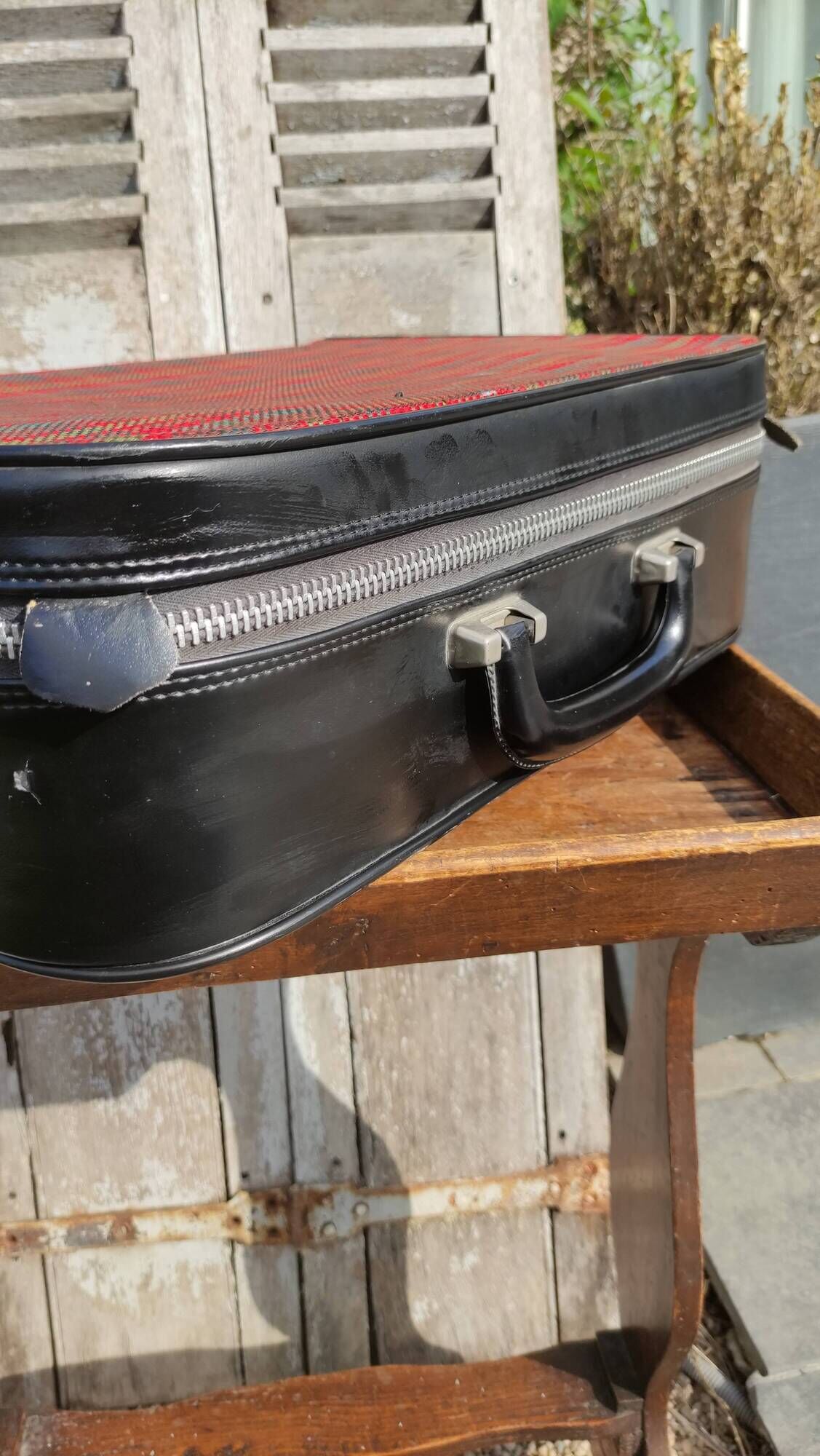 Vintage suitcase in red and skai Scottish fabric