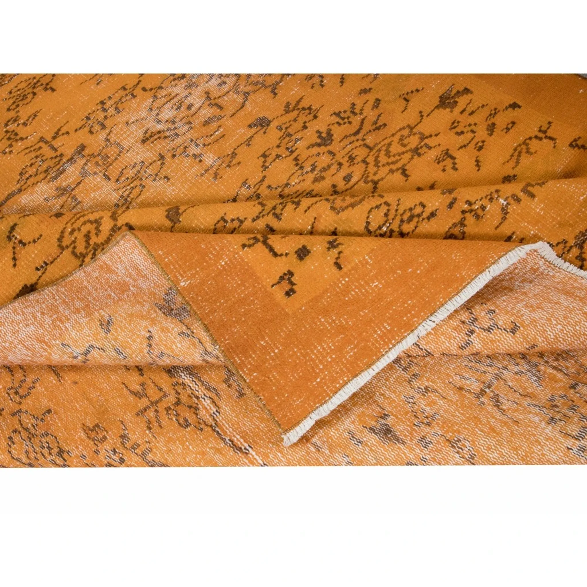 Vintage Hand-knotted Floral Design Turkish Wool Area Rug Overdyed in Orange for Living Room