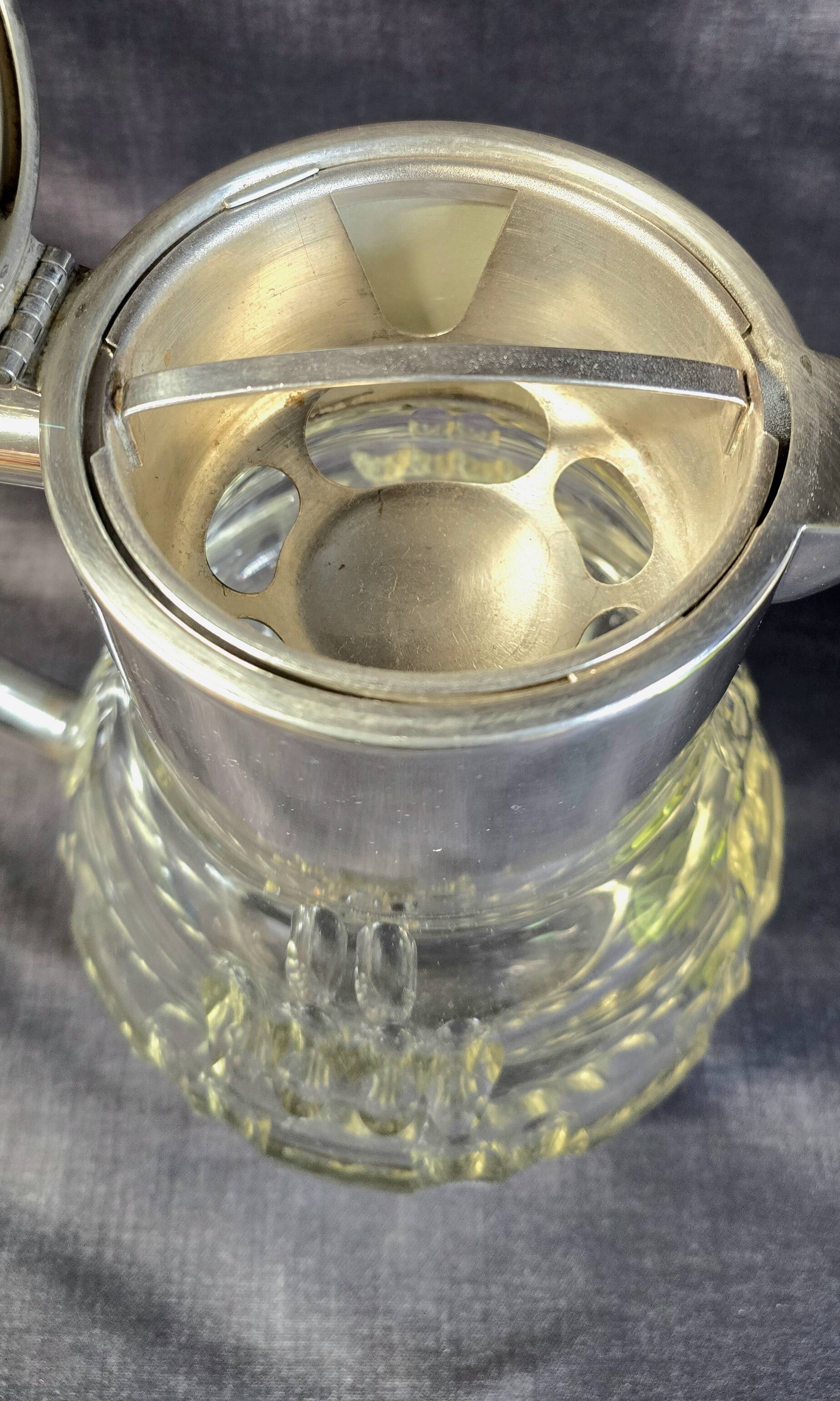 WMF jug / glass and silver-plated metal pouring vessel with filter, 1930s/40s