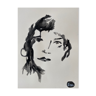 Portrait de femme à l’encre de Chine Dessin contemporain