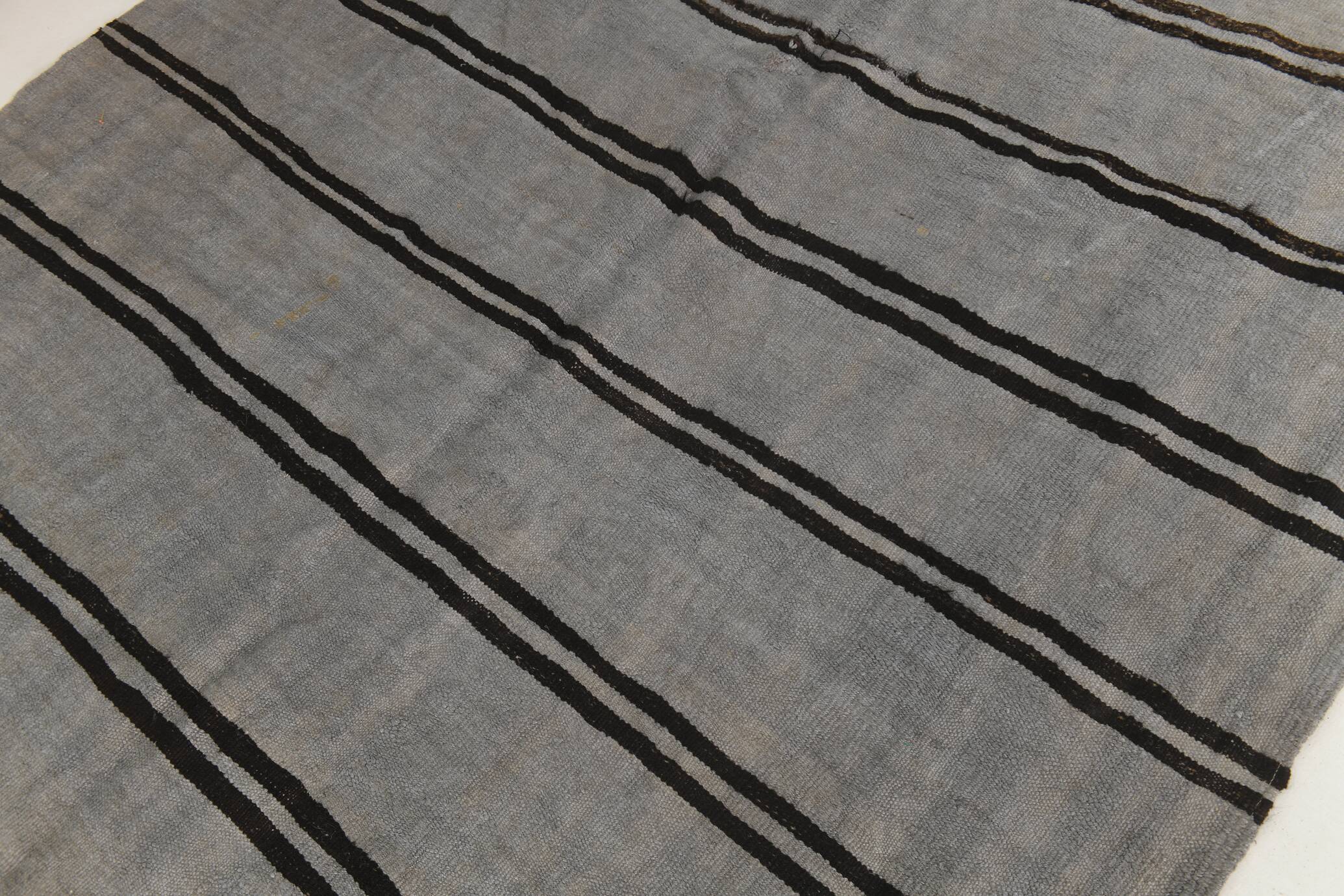 Striped Pattern Gray & Black Vintage Kilim Rug, 188x267Cm