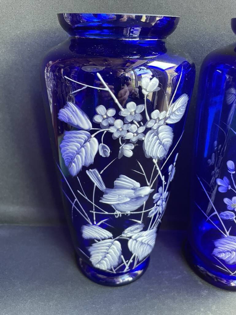 Pair of numbered white enamelled cobalt blue blown glass vases