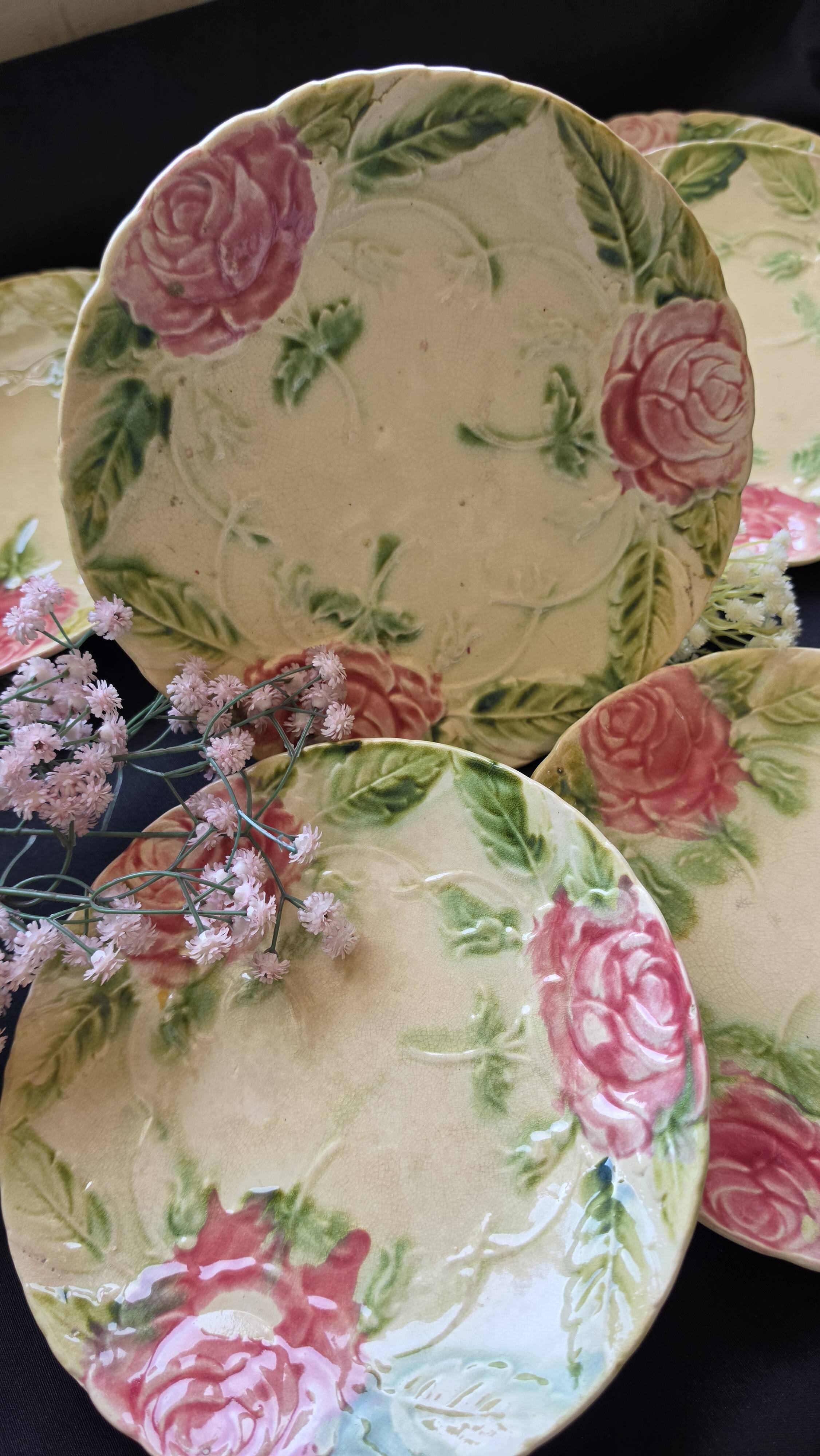 Exclusive antique dessert service in faience/terracotta with slip from 1900.