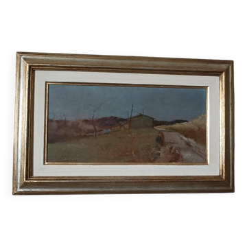 Peinture à l'huile sur panneau paysage arnaccio pise bruno loretti (livorne