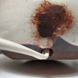 Three vintage ceramic lamps in blue, white and suede