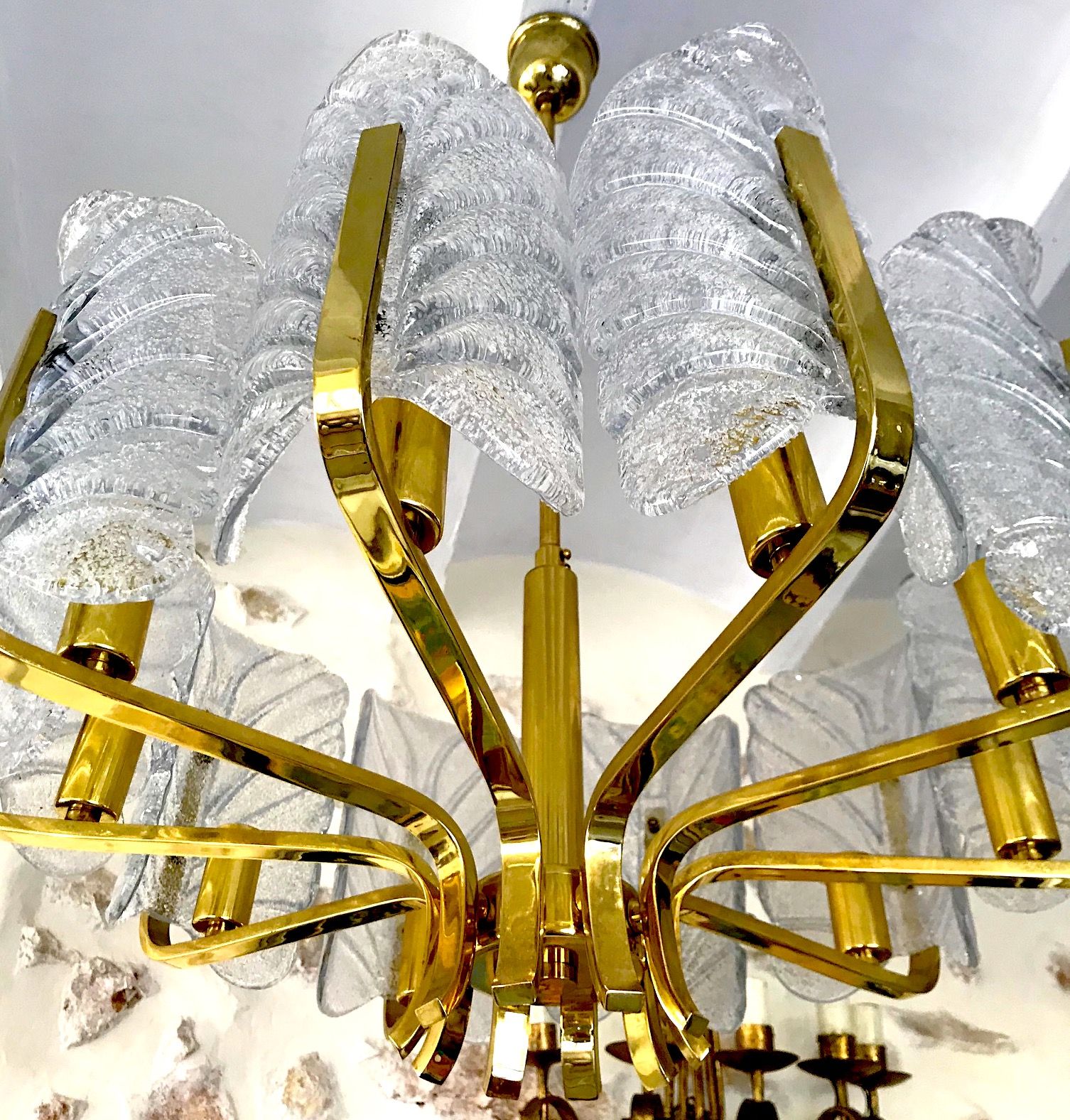 Chandelier Carl Fagerlund by Orrefors with 10 Murano leaves 1960